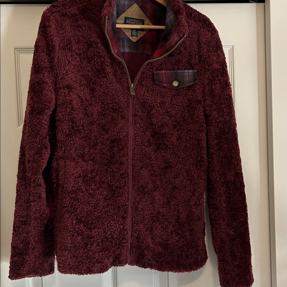 Pendleton Maroon Fleece Jacket with Plaid Detail Size Large - Picture 2 of 10